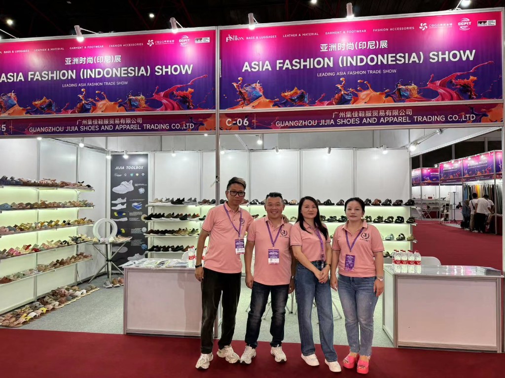 JIJIA.GZ team at Asia Fashion Indonesia 2025 booth C-06 in Jakarta with footwear samples
