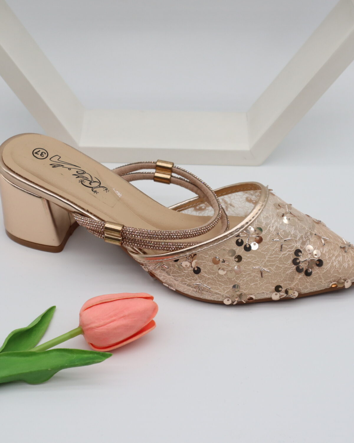 Women's Elegant Metallic Pointed Toe Block Heel Mules - Model 2244 Model 2244