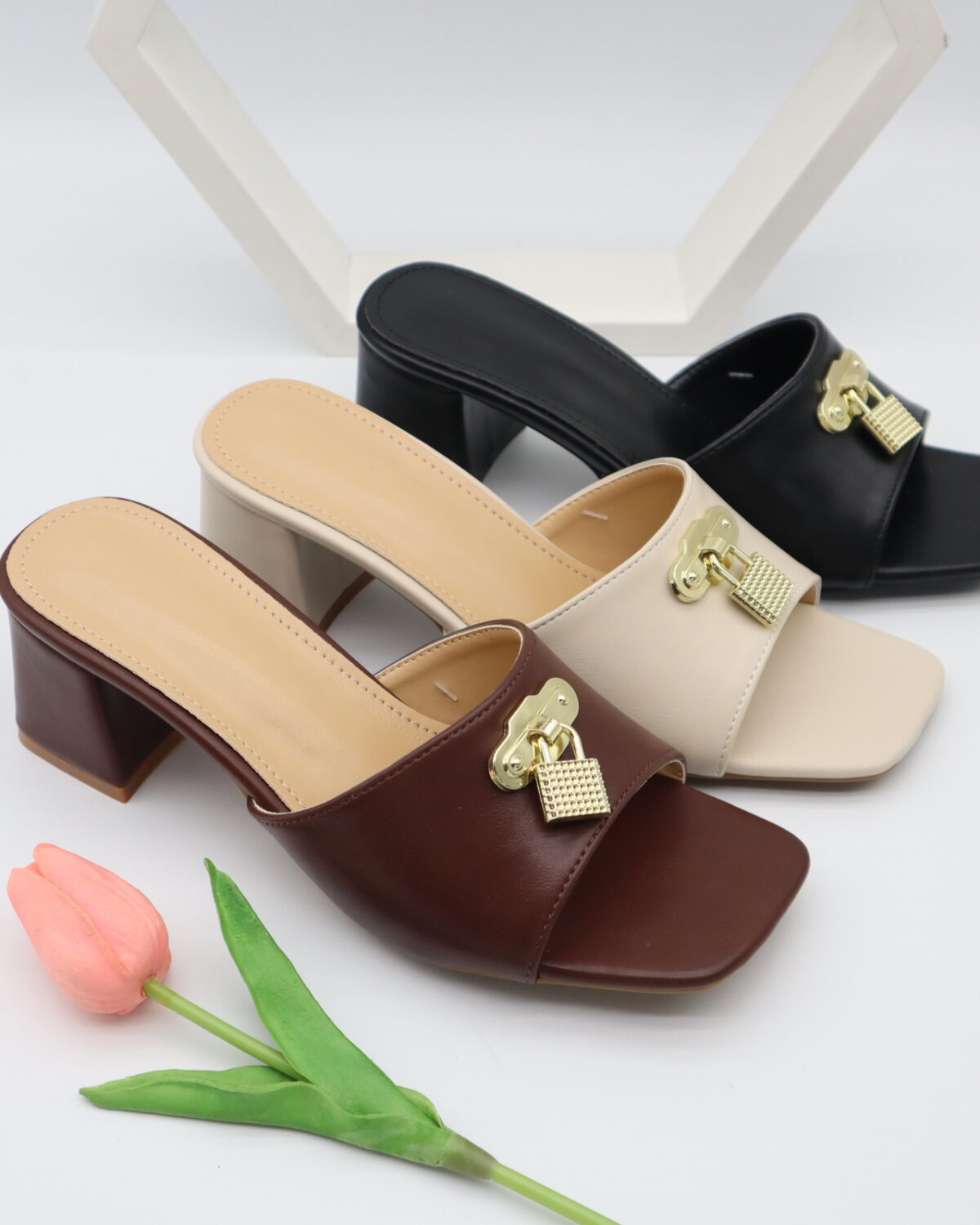 Women's Square Toe Metal Lock Buckle Block Heel Mules - Model J25924 Model J25924
