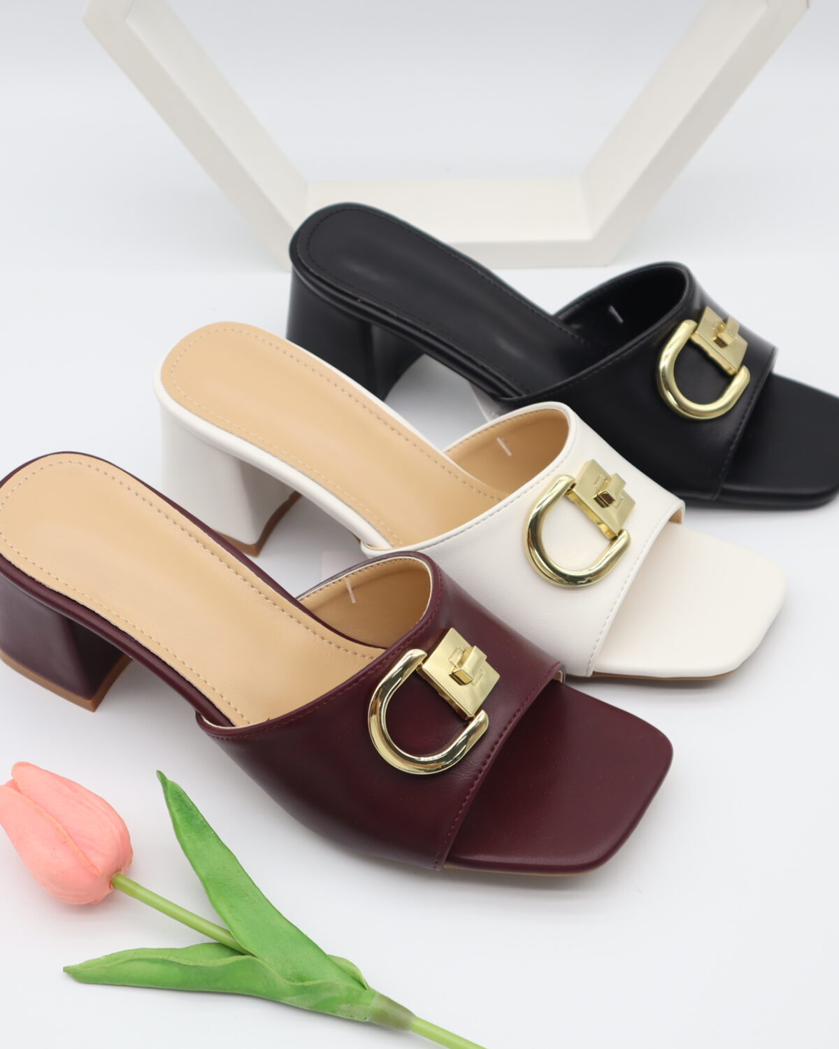 Women's Square Toe Metal Lock Buckle Block Heel Mules - Model J25924 Model J25924