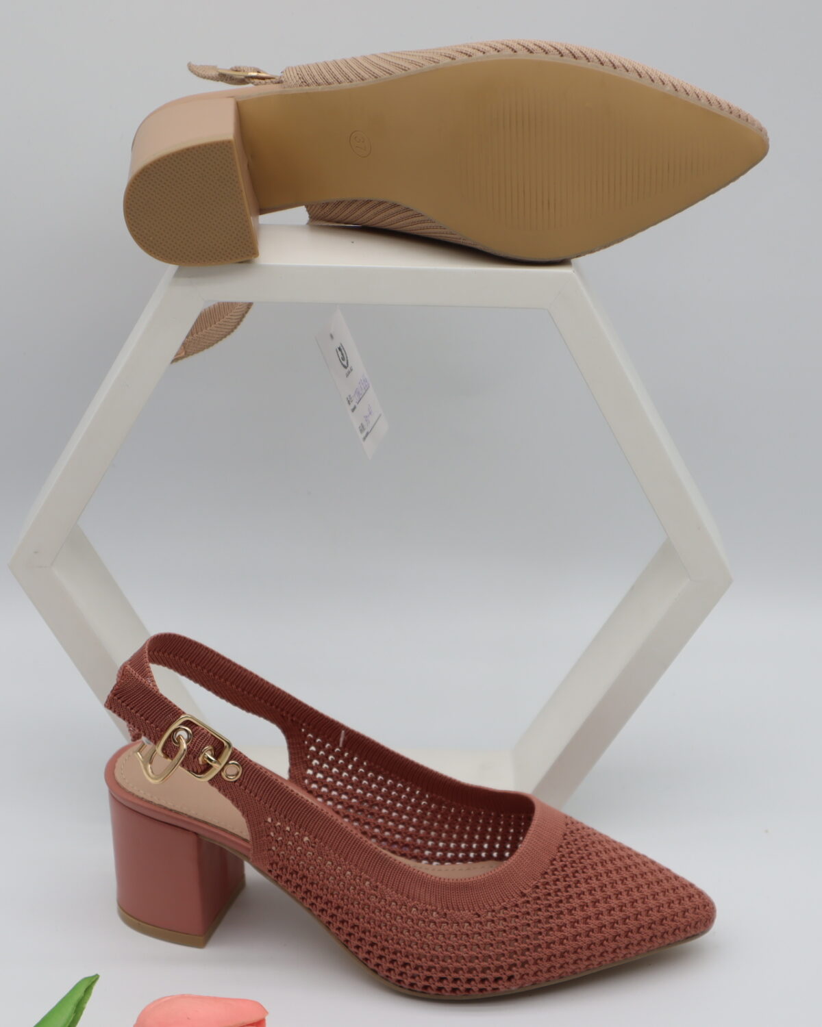 Women's Breathable Knit Pointed Toe Slingback Block Heels - Model JJ25917D Model JJ25917D