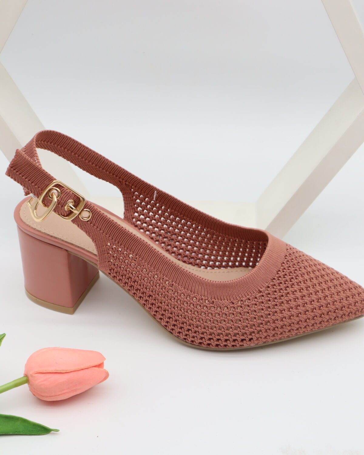 Women's Breathable Knit Pointed Toe Slingback Block Heels - Model JJ25917D Model JJ25917D
