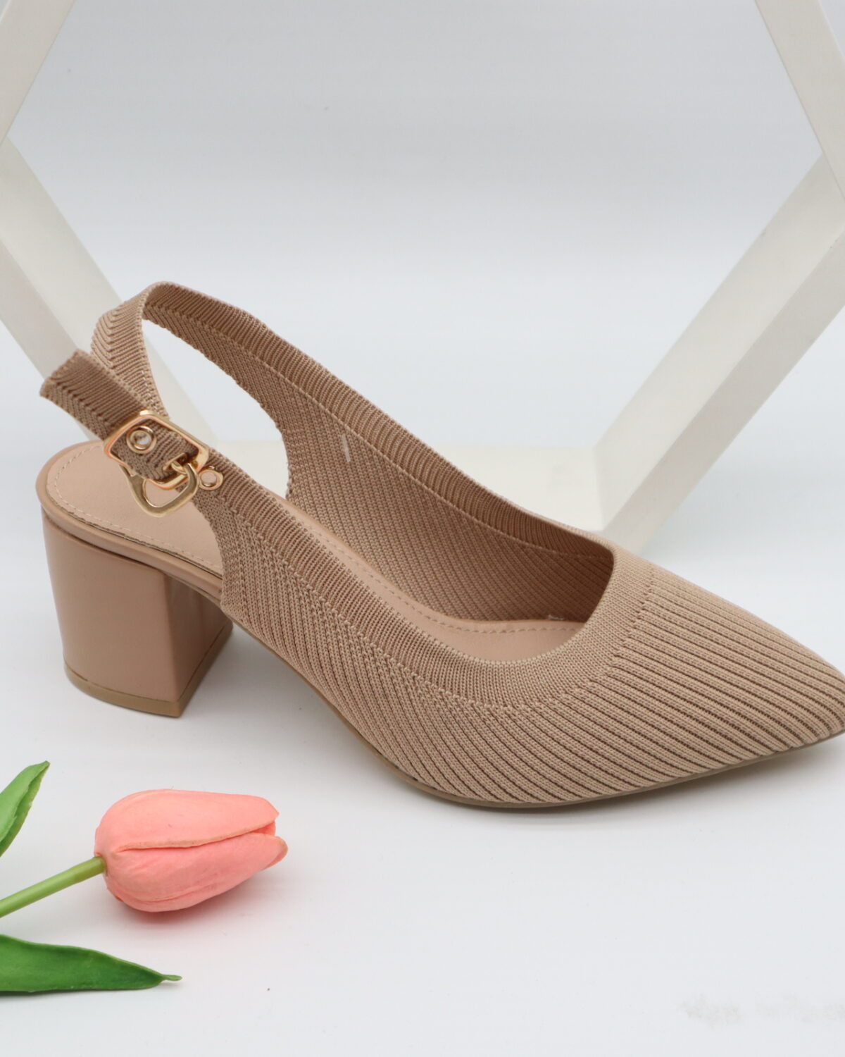Women's Breathable Knit Pointed Toe Slingback Block Heels - Model JJ25917D Model JJ25917D