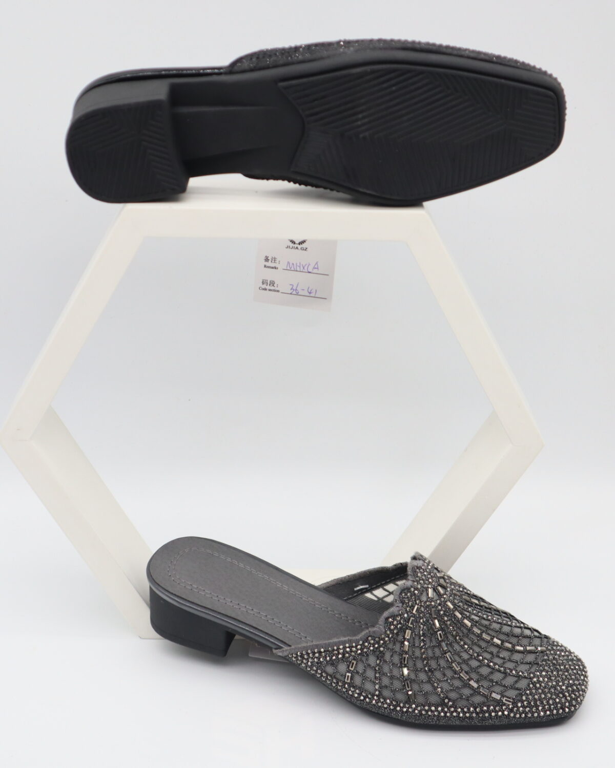 Women's Sparkly Rhinestone Mesh Closed Toe Low Block Heel Mules Slippers - Model M25911 Model M25911