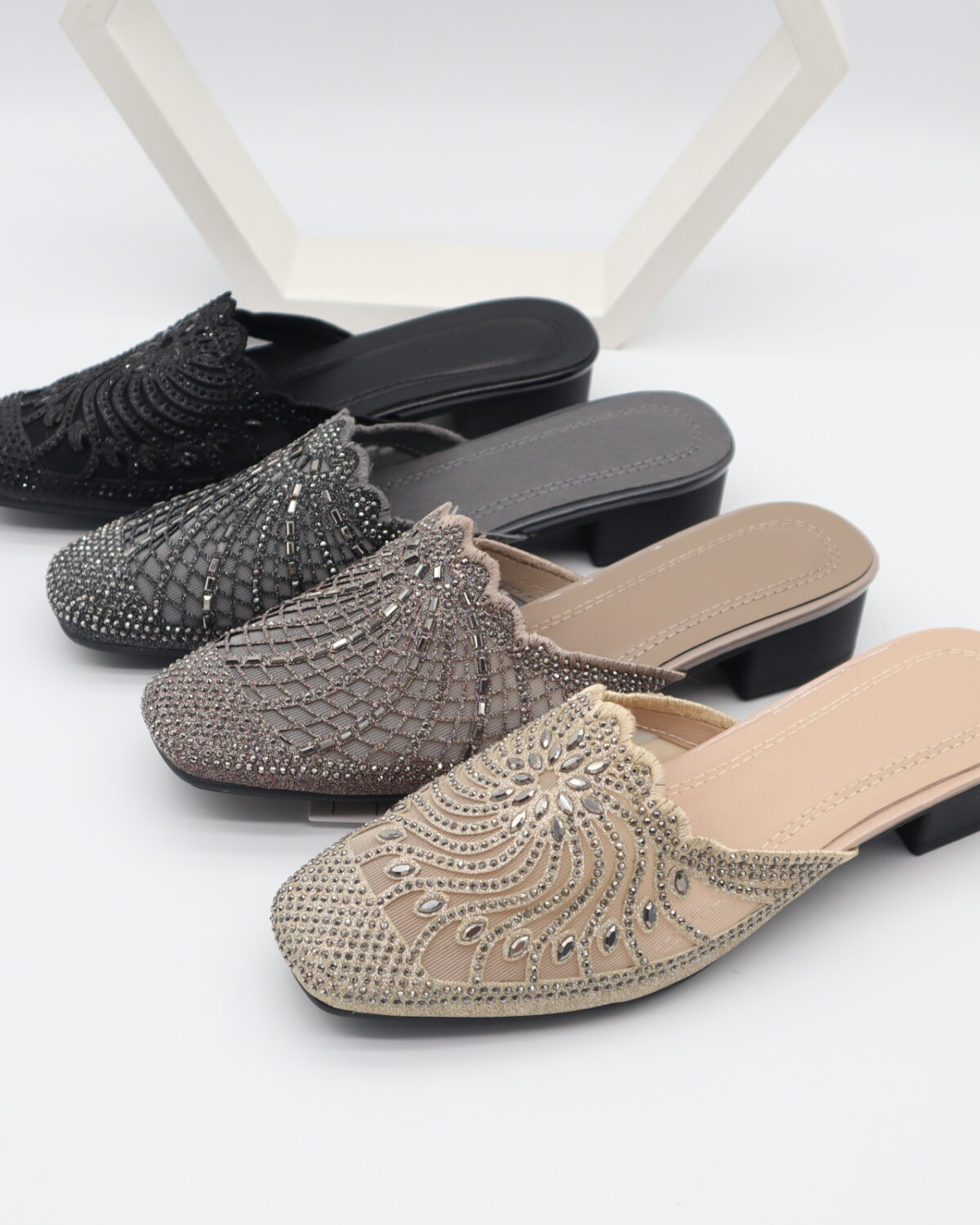 Women's Sparkly Rhinestone Mesh Closed Toe Low Block Heel Mules Slippers - Model M25911 Model M25911