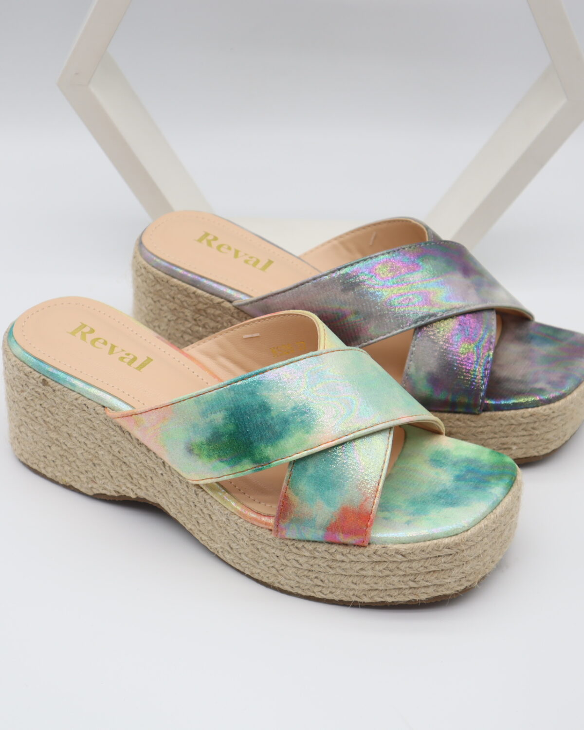 Women's Metallic Holographic Cross Strap Espadrille Wedge Sandals - Model M911 Model M911