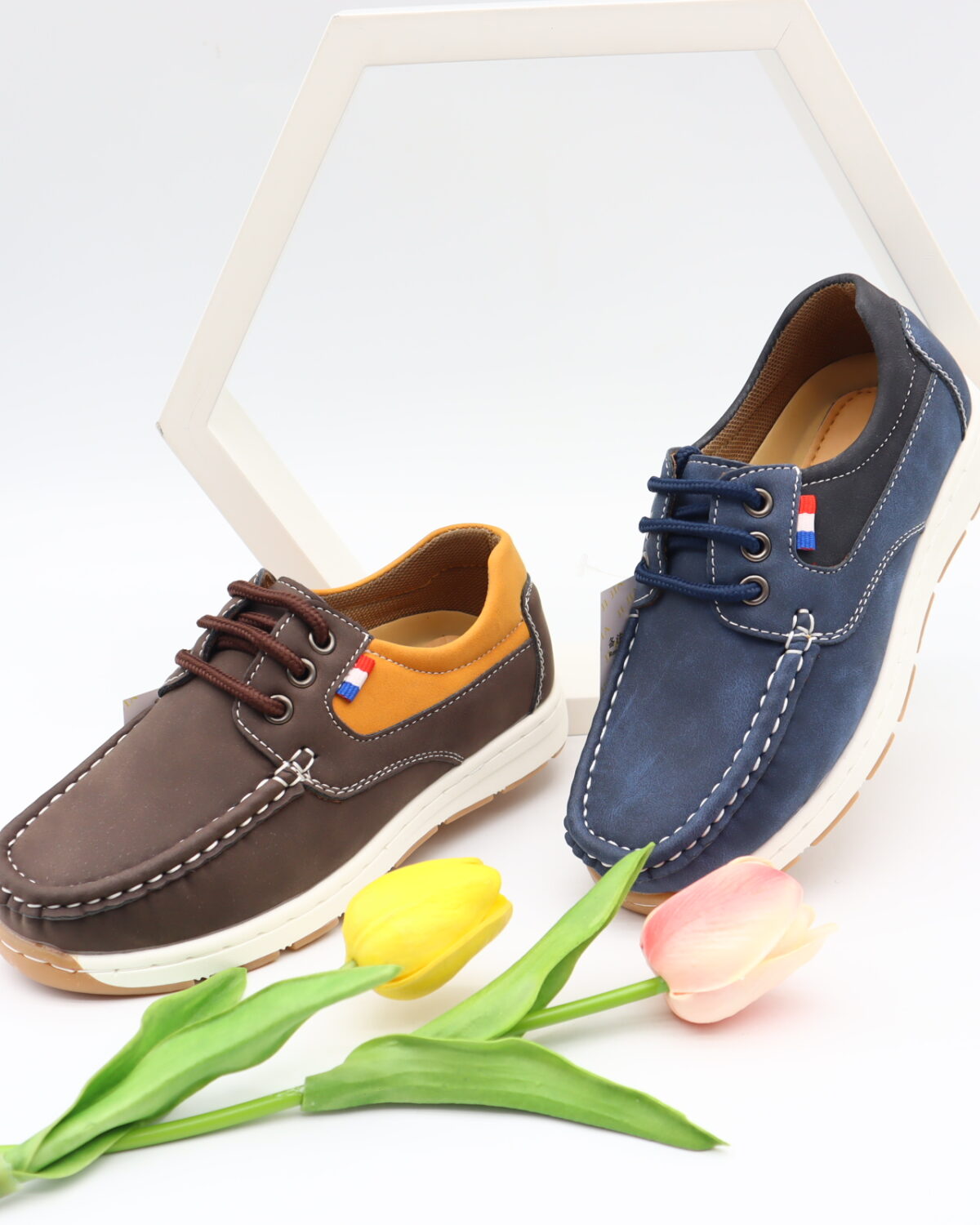 Model HD43-45 kids lace-up moccasin boat shoes with contrast collar — JIJIA.GZ OEM