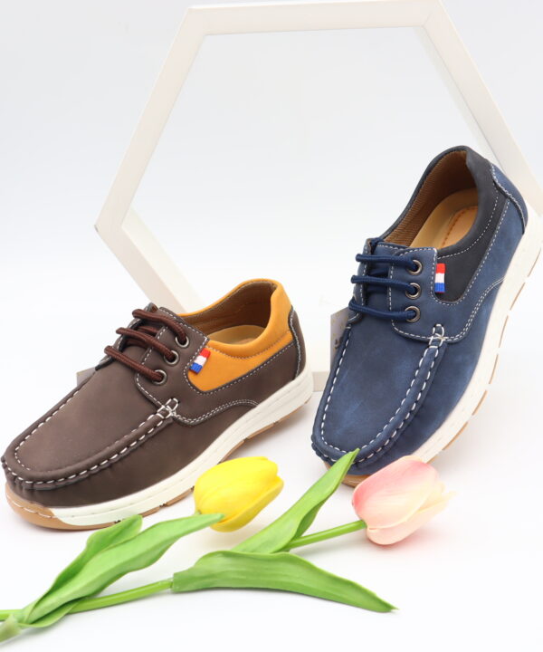 Model HD43-45 kids lace-up moccasin boat shoes with contrast collar — JIJIA.GZ OEM
